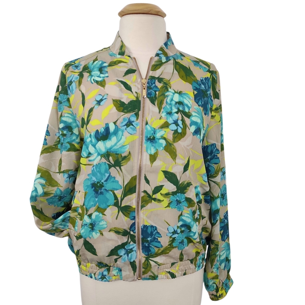 Susan Graver Floral Print Lightweight Zip-up Bomber Jacket Blue Tan Medium